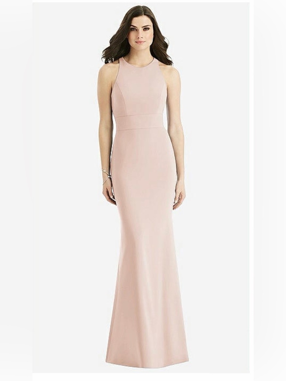 Dessy Group size 8 Sleeveless taupe, “cameo” Maxi Dress